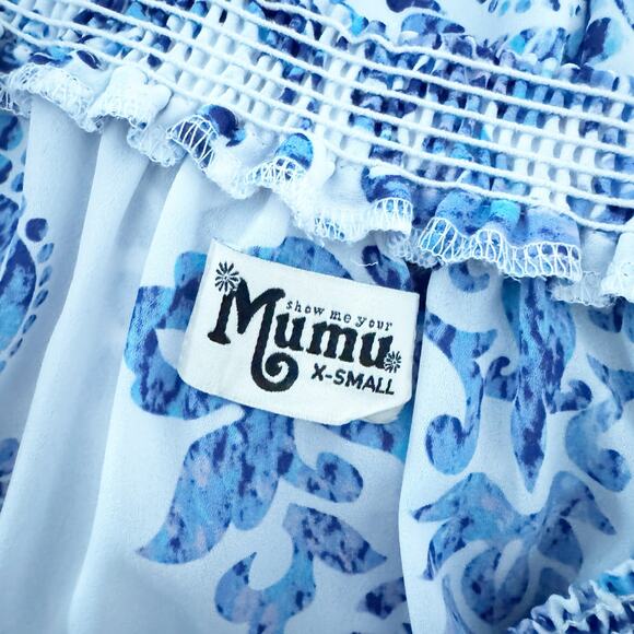SHOW ME YOUR MUMU Rosarita Off Shoulder Romper Blue White XS - Picture 7 of 8